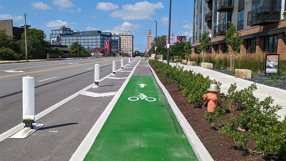 A quick build, like this painted bike lane with a buffer in Cleveland, can create affordable and safer cycling options. Photo courtesy of City of Cleveland.