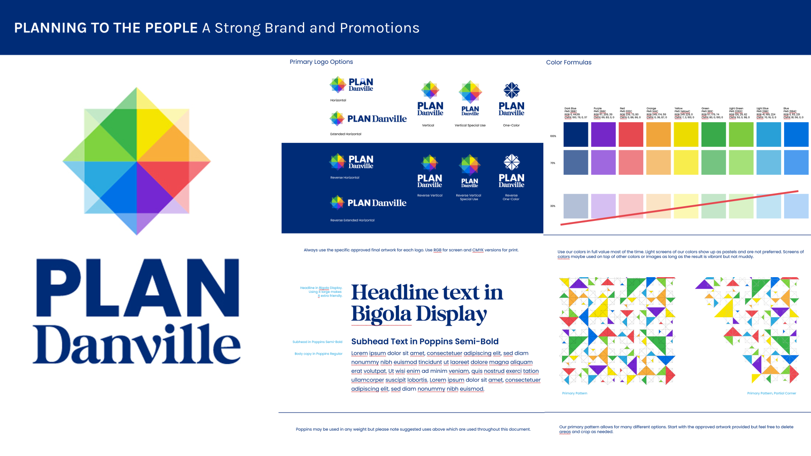 Plan Danville brand guidelines: logo options, color formulas, typography, and pattern examples for marketing materials.