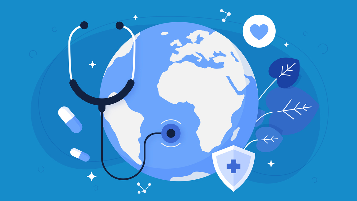 An illustration of the globe with a stethoscope and various healthcare symbols.