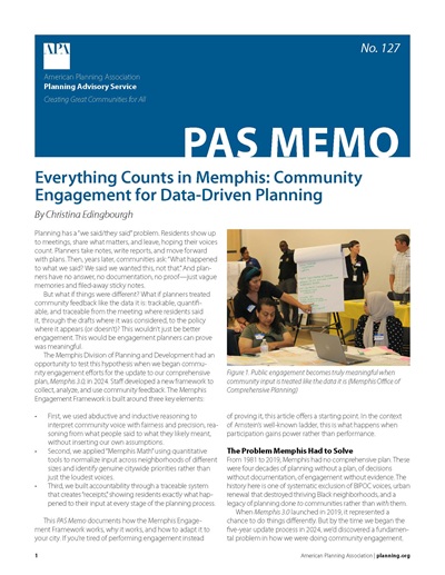 Cover of PAS Memo 127: Everything Counts in Memphis: Community Engagement for Data-Driven Planning.