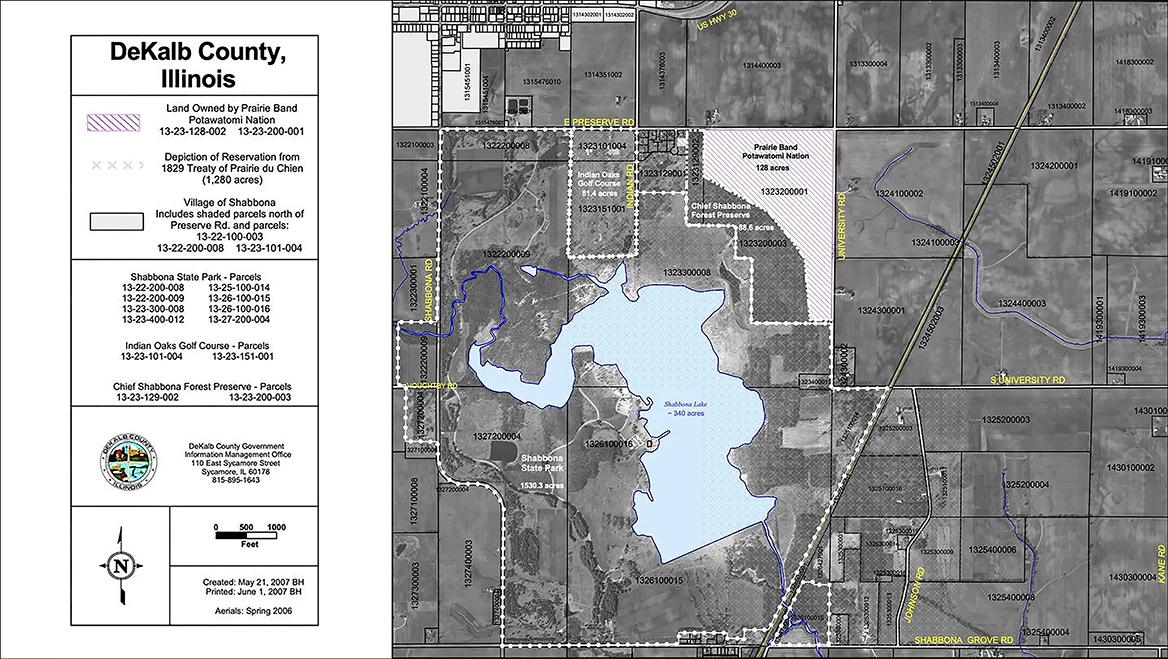 A map shows the 130 acres of land the Prairie Band Potawatomi Nation purchased in DeKalb County (in pink) next to the depiction of their property from the 1829 Treaty of Prairie du Chien (in white crosshatches). Source: DeKalb County Government Information Management Office.