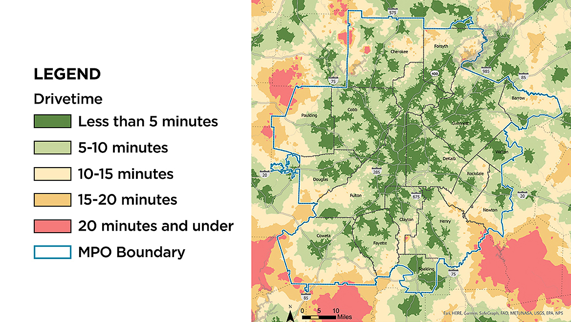 Planning February 2026 What Happens to EVs When Washington Backs Up? Ask Rolling Meadows. Map of Atlanta, Georgia, showing drive times within the MPO boundary. Green indicates shorter drive times, red longer.