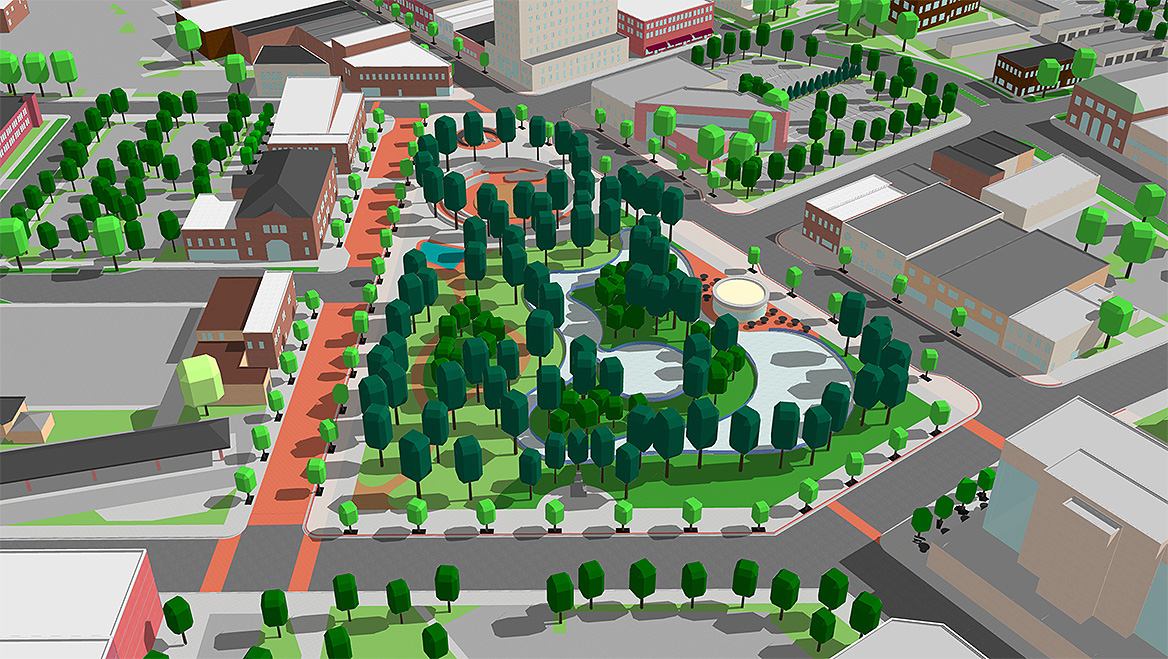 A 3D model in SketchUp shows the potential for an expansion to the grounds of the opera house in Oshkosh, Wisconsin, including an amphitheater for outdoor concerts and tree-lined paths surrounding green space. Source: Oshkosh Downtown Redevelopment Plan.