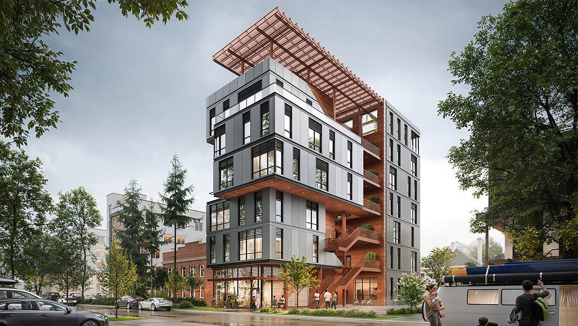 As Denver updates its building and fire codes, the city's Single-Stair Housing Challenge asked participants to propose a project that incorporated single staircases as well as balance affordability, environmental impact, and fire safety systems. Image courtesy of Buildner.