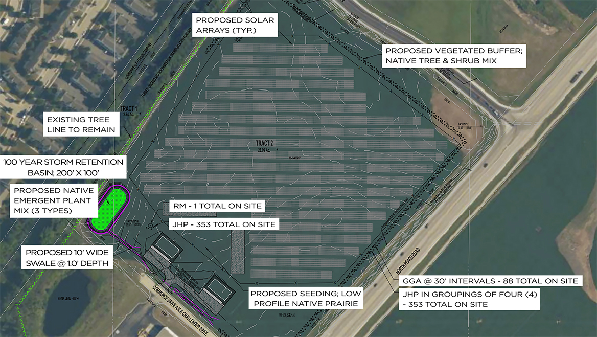The proposal from Gail Technology and Donato Solar for a ground mounted solar field included native tree and vegetation buffers and tree-lined screens to address potential noise and sight concerns from residents. Image courtesy of City of DeKalb.