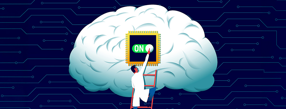 A person in a lab coat activating the "on" switch for a computer chip attached to a brain.