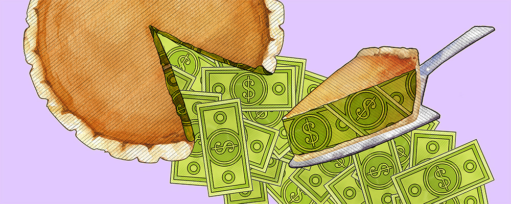 A slice of pumpkin pie filled with money being served.