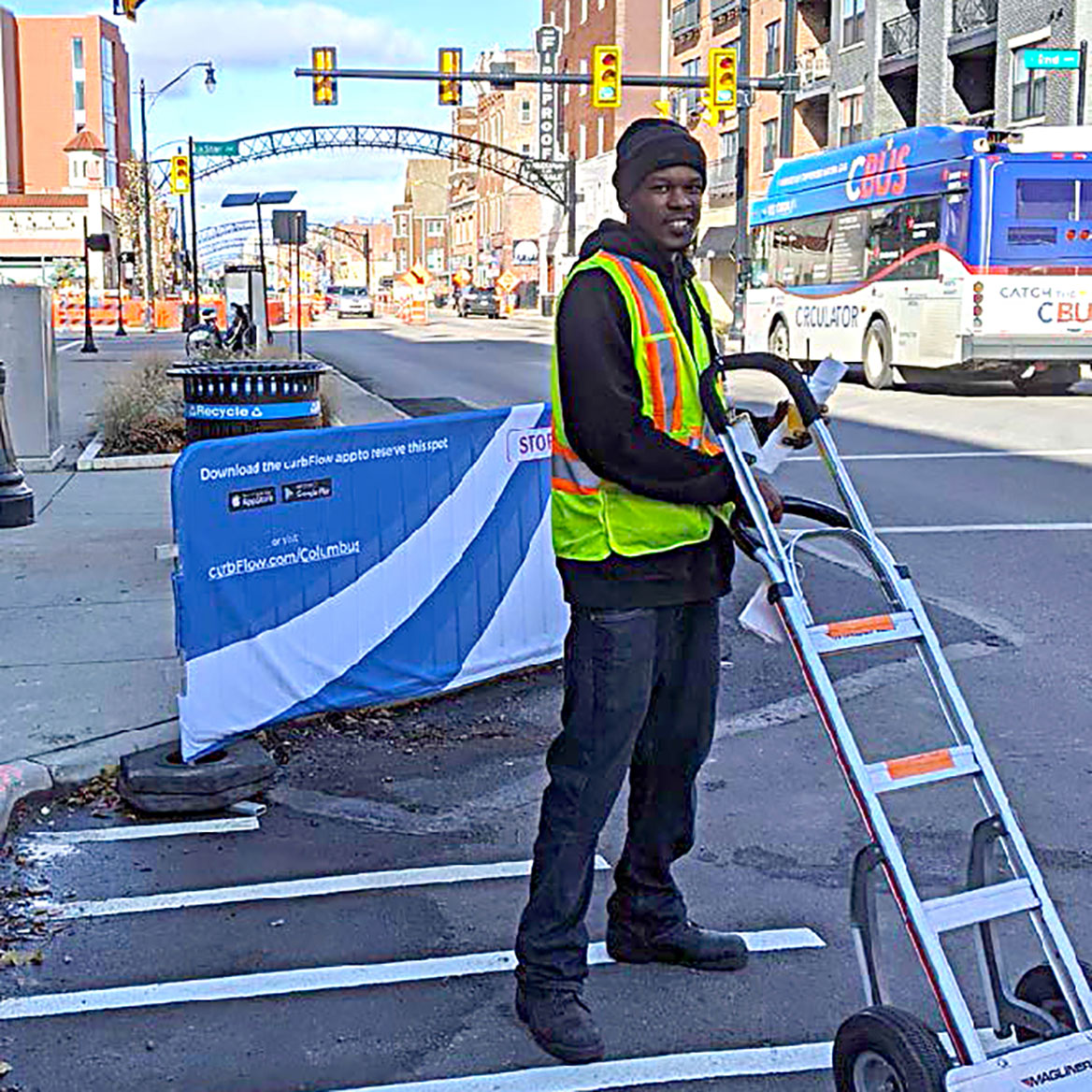An app allowing drivers to reserve designated loading spaces in Columbus, Ohio, was used by more than 100 companies. From Curbflow Findings Report: Loading Management Zones.