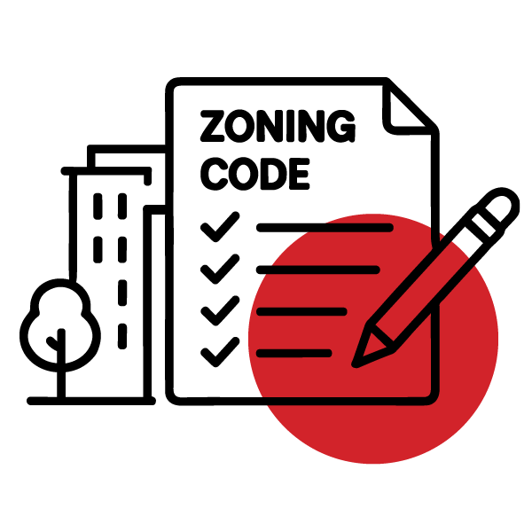 Zoning Frameworks icon (21st Century ROAD to Housing Act) Spotlight on a checklist labeled "Zoning Code" with buildings and trees in the background.