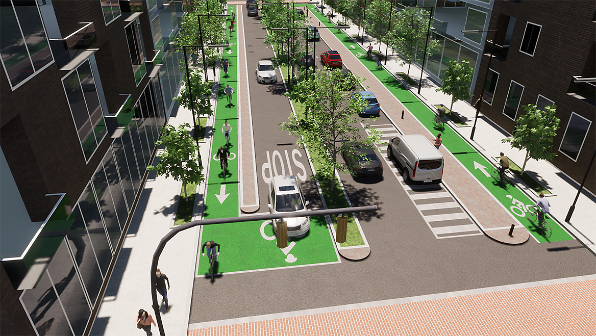 This TwinMotion rendering of a complete street in CityEngine shows how static models are made into more immersive and active scenes. Image courtesy of David Wasserman, AICP.