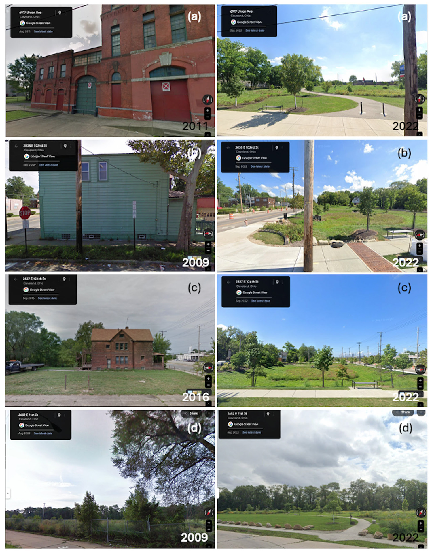 Figure 2: Street-level views of Cleveland's GI projects that transformed abandoned structures into public open spaces. (Credit: Google Street View, compiled by Author)