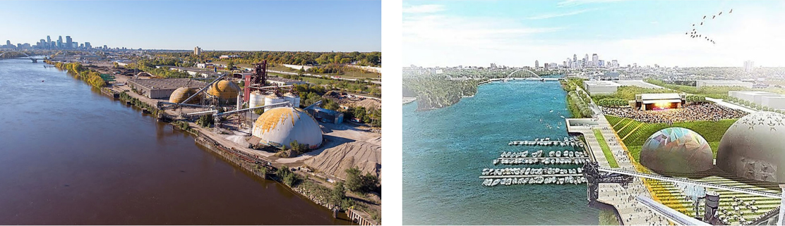 Initial redevelopment designs for the Upper Harbor Terminal. (Left) The site before redevelopment Mississippi Watershed Management Organization, 2018). (Right) Initial rendering of the redevelopment, highlighting the green space, concert venue, repurposed industrial structures, and marina (United Properties as cited in Halter, 2016).