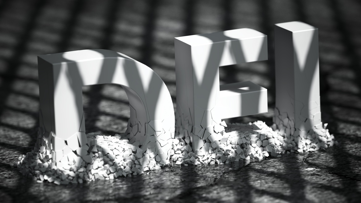 A rendering of the letters "D E I" being crushed into the ground.