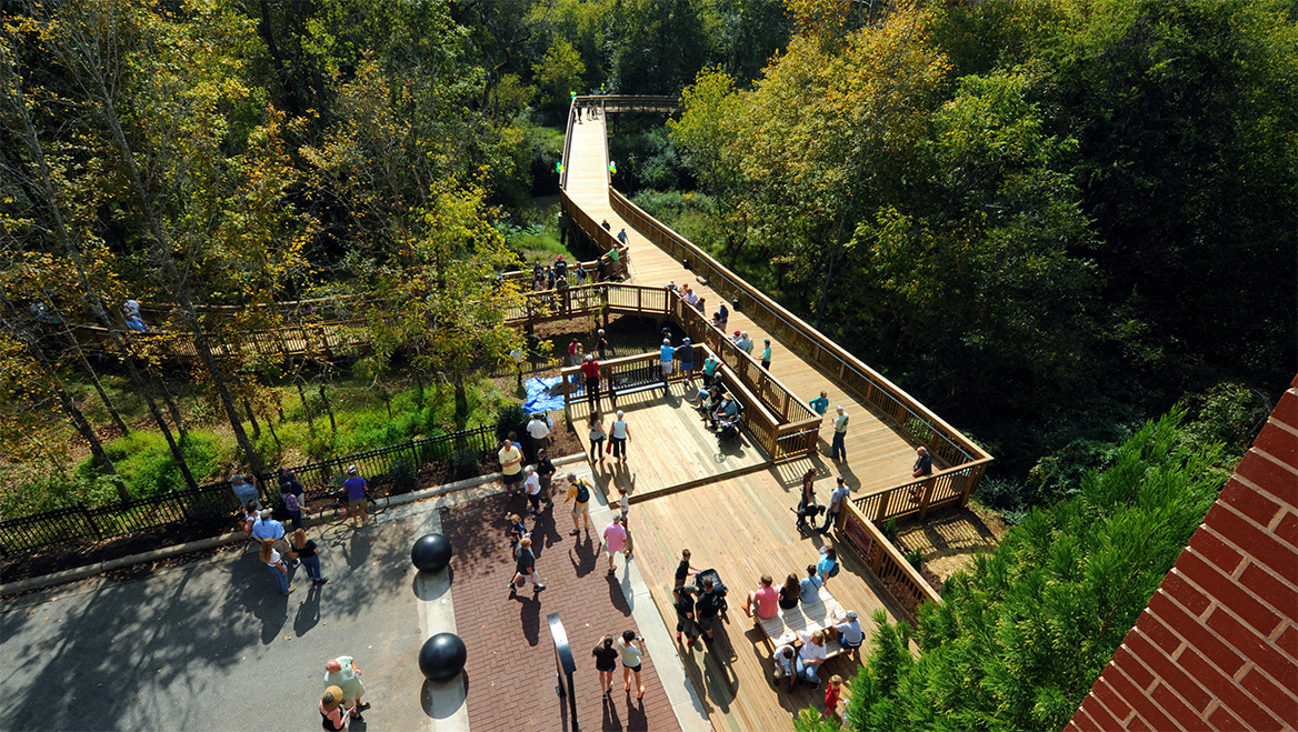 The Hillsborough Riverwalk is an accessible, urban greenway is about 3 miles long and connects directly to downtown. Photo courtesy of Chapel Hill/Orange County Visitors Bureau.