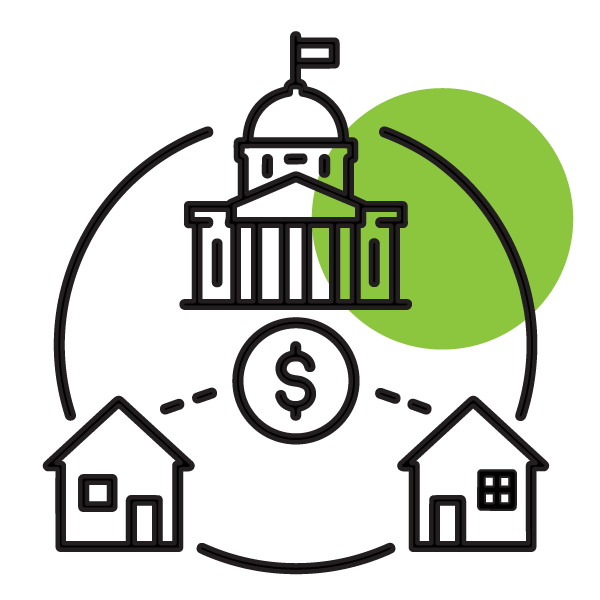 Private Capital and Federal Finance (21st Century ROAD to Housing Act) A spotlight on a capitol building above a dollar sign that is connected to two homes.