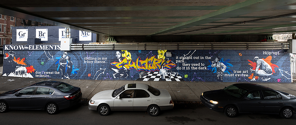 A recent favorite mural of Jane’s is Know the Elements by Christian “TAMEARTZ” Rodriguez, in part because it incorporates graffiti style artwork and had her reminiscing about the early days of the program and working with graffiti artist. It's located at 9th and Cecil B. Moore Avenue. © 2022 City of Philadelphia Mural Arts Program/Photo by Steve Weinik.