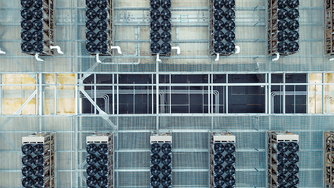 Water-cooling systems are housed on the roof of a Virginia data center.