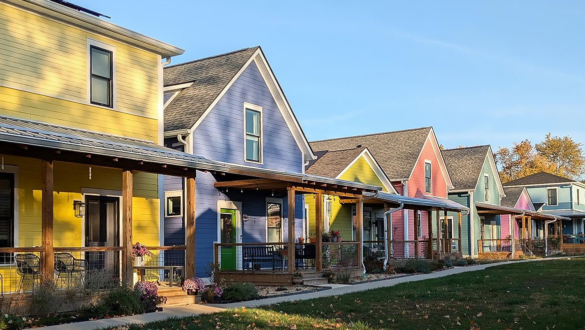Bloomington Cohousing, a neighborhood on the southwest side of Bloomington, Indiana, has 26 cottage-style homes with community common spaces throughout. Photo courtesy of Bloomington Cohousing via Facebook.