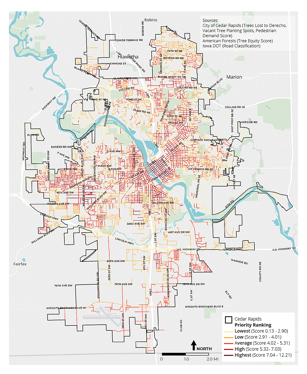 ReLeaf Cedar Rapids considered road classification, percent of trees lost to the storm, total number of vacant planting spots, the Tree Equity Score, and pedestrian infrastructure demand as factors in this ranking. Source: ReLeaf Cedar Rapids.