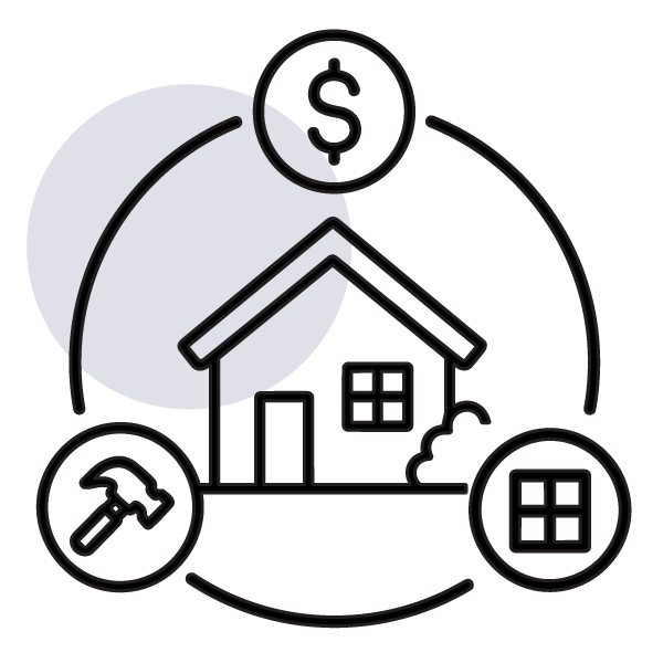 Preserving Housing (21st Century ROAD to Housing Act) A spotlight on a home encircled by a dollar sign, a site plan, and a hammer.