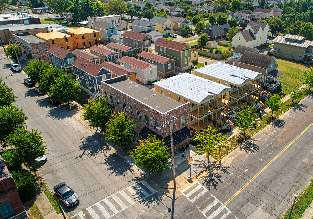 An aerial shot of Malone Park Commons, a 35-unit missing middle housing development of one- to two-bedroom cottages and apartments in Memphis, Tennessee. Photo courtesy of Andre D. Jones.