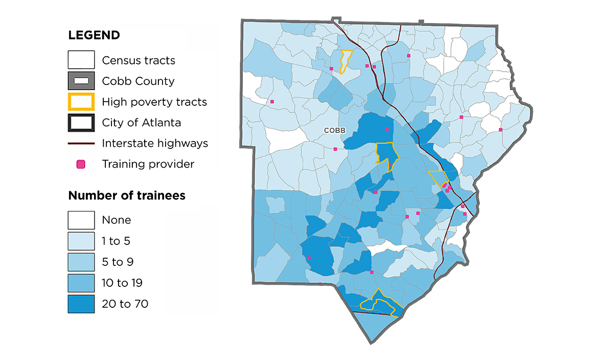 The Spatial Equity Data Tool shows the location of training centers and eligible trainees in Cobb County, allowing for data-based evaluation of resources and needs. Map source: Michael Rich, PhD