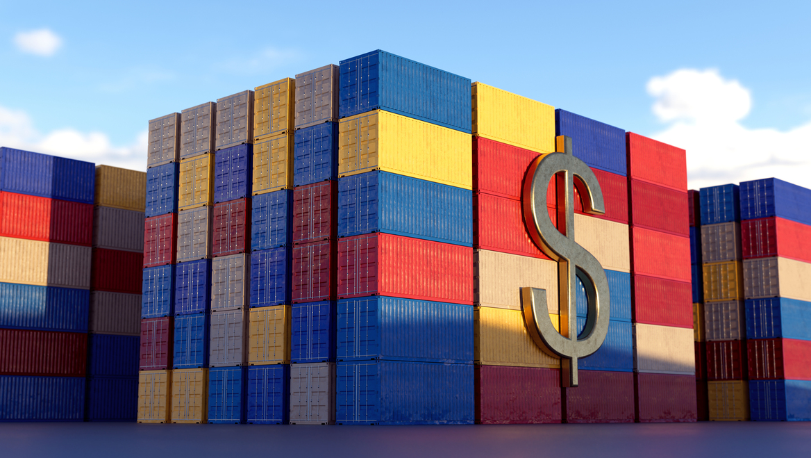 Shipping containers of different colors are stacked up, with a dollar sign superimposed on the side of them.