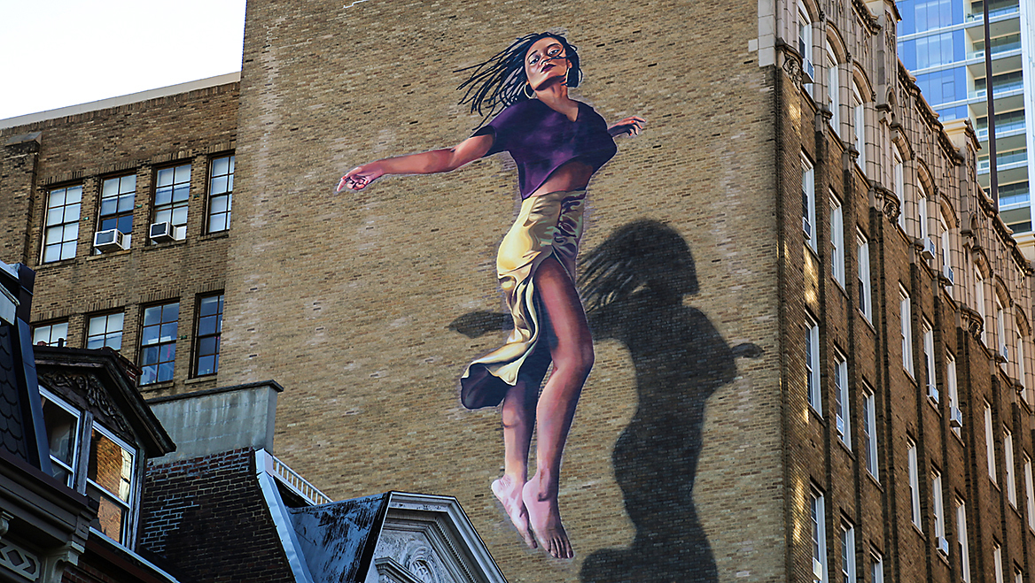 Flight in-process by Tatyana Fazlalizadeh, 13th St. and Spruce St., Center City.