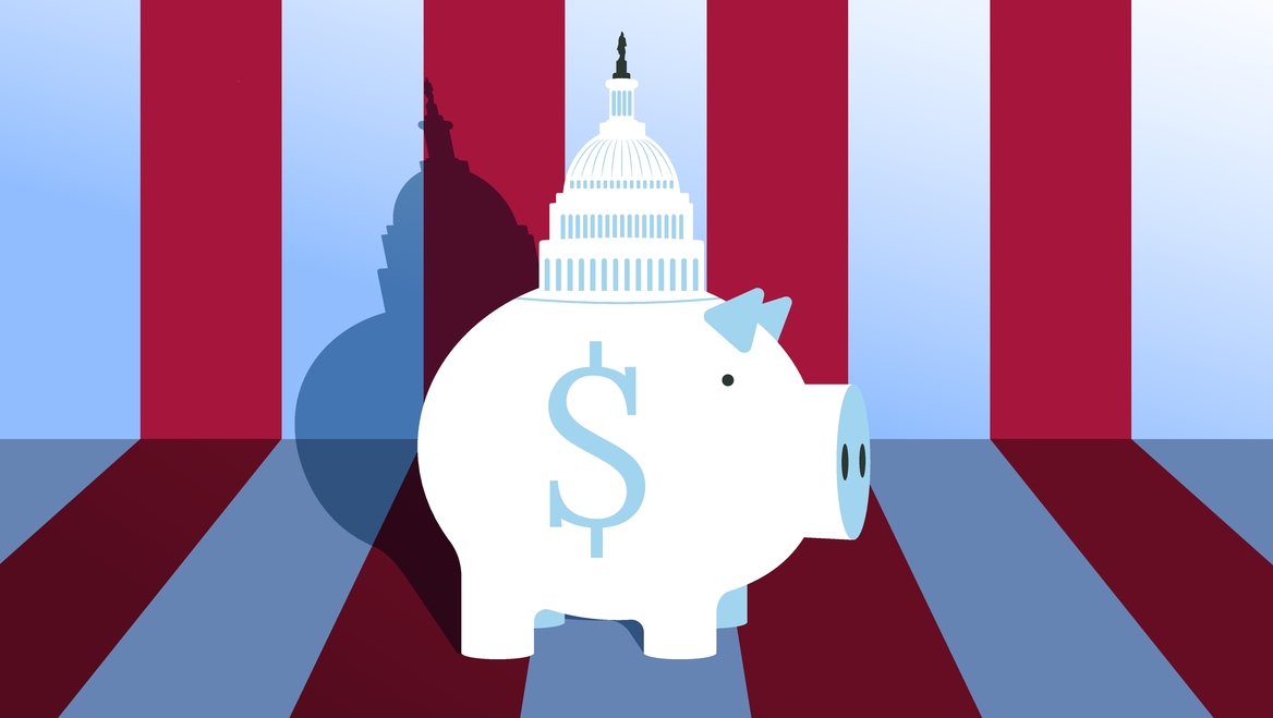 An illustration of a piggy bank with the capital building dome on top and the American flag in the background.