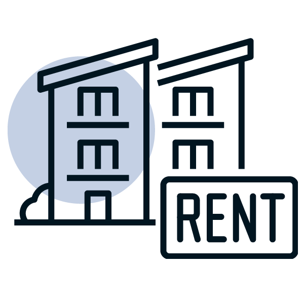 Build-to-Rent (21st Century ROAD to Housing Act) A spotlight on apartment buildings with a sign reading "RENT" in front.