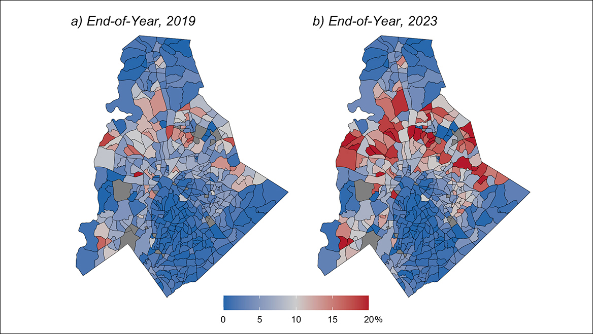 This map shows the percentage of corporate investor-owned homes in similar neighborhoods in Mecklenburg County, North Carolina, before and after the 2020 pandemic. Map courtesy of Charlotte Urban Institute.