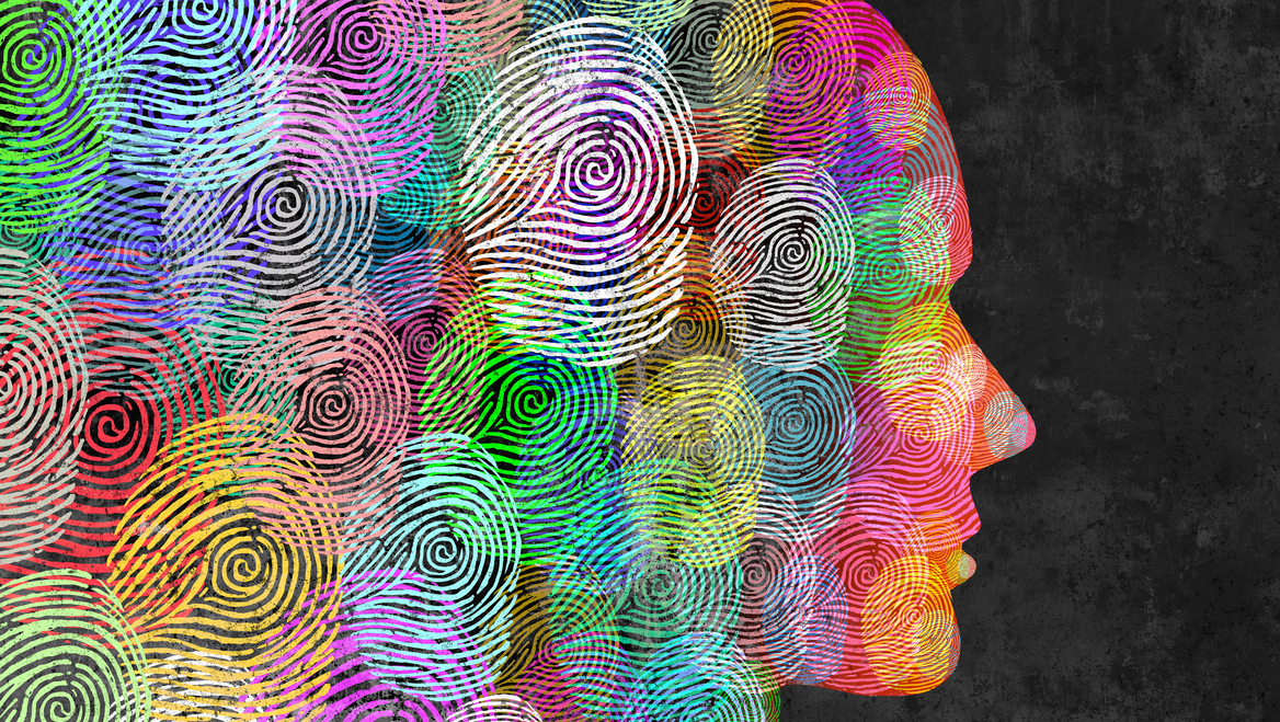 An illustration of the profile of a person composed of fingerprints of different colors.
