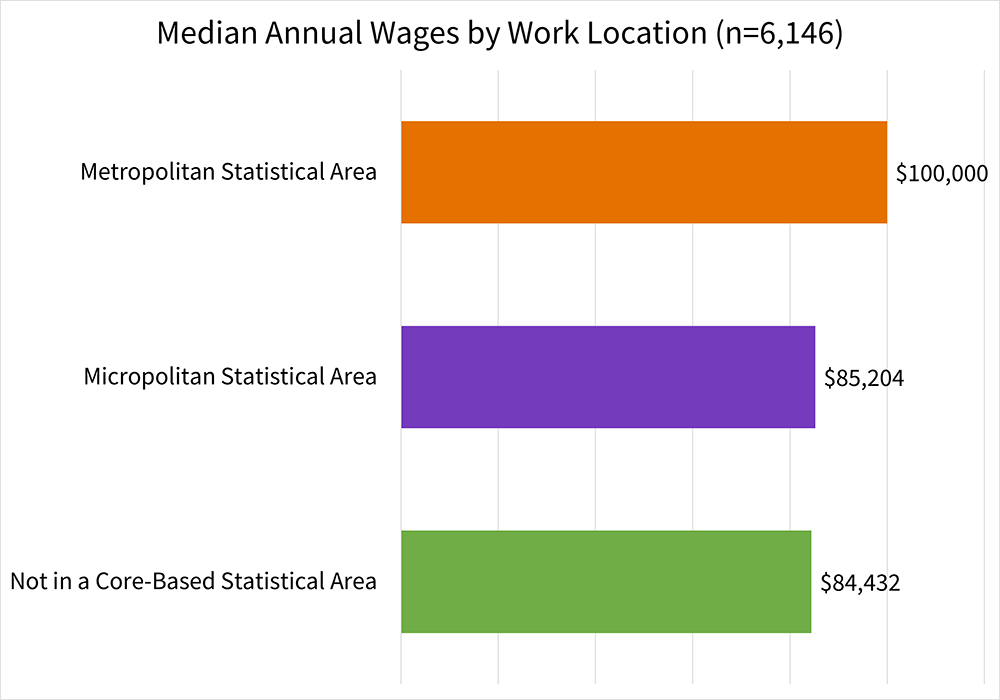 Median Annual Wages by Work Location (n=6,146): Metropolitan Statistical Area: $100,000; Micropolitan Statistical Area: $85,204; Not in a Core-Based Statistical Area: $84,432.