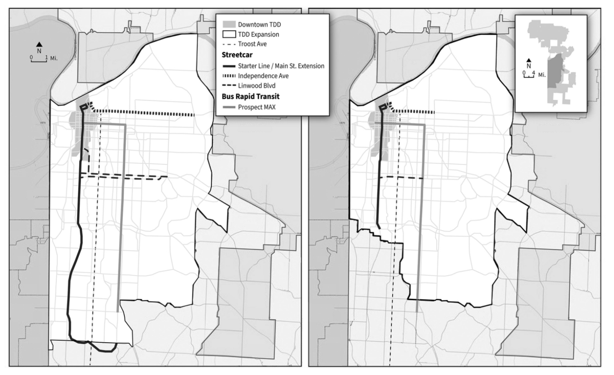 The original (left) TDD boundary and revised (right) TDD boundary with Brookside removed.