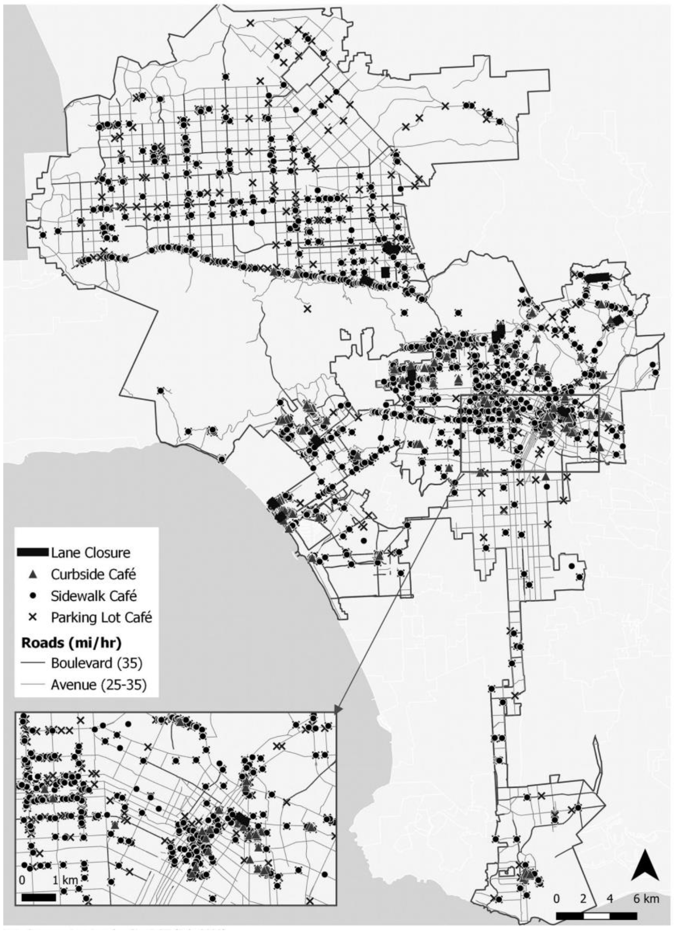 Figure 2: Locations of Los Angeles' COVID street café program, including locations on private lots, sidewalk dining, curb café, and street lane closures. (Credit: Christa Yeung, based on data from the City of Los Angeles Department of Transportation)