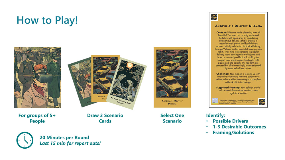 The rules for the APA Technology Division's Planning Through the Black Mirror card and a sample scenario that participants would get during a round. Image courtesy of the APA Technology Division.