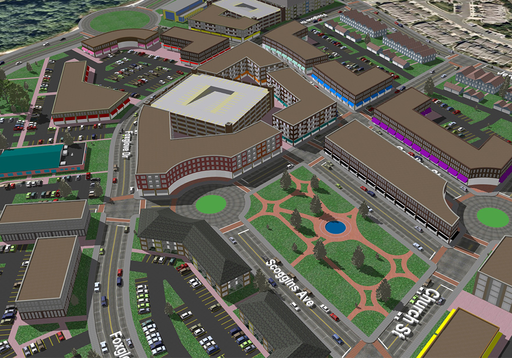Digital twin rendering of the town center of Morrisville