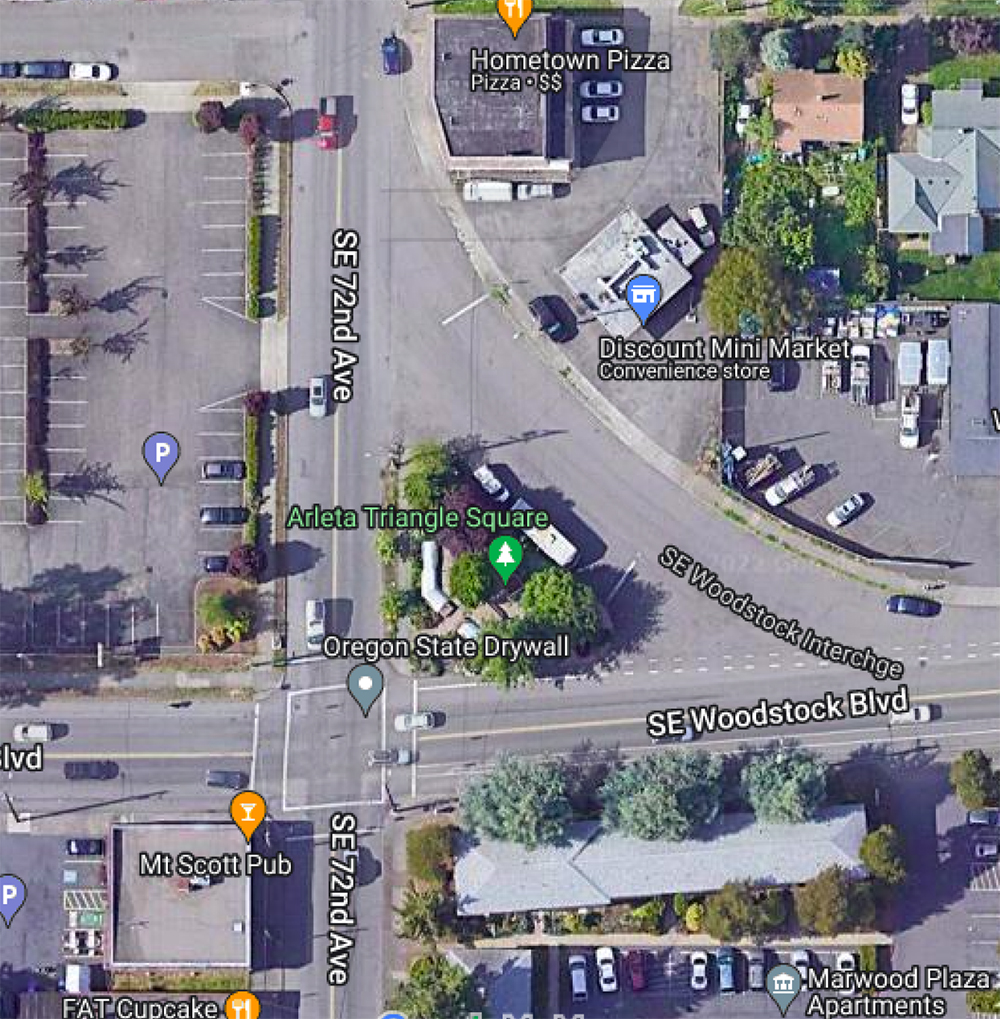 >An urban isalnd: Arleta Triangle in Portland. Credit: 2002 Maxar Technologies, Metro, Portland, Oregon, State of Oregon, U.S., Geological Survey, Map of data 2022 Google.