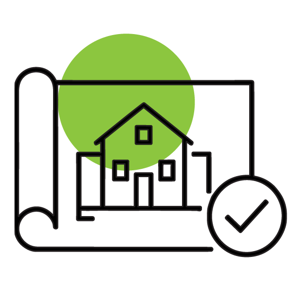 Pre-Approved Plans (21st Century ROAD to Housing Act) A spotlight on and checkmark over an architectural drawing of a small residential building.