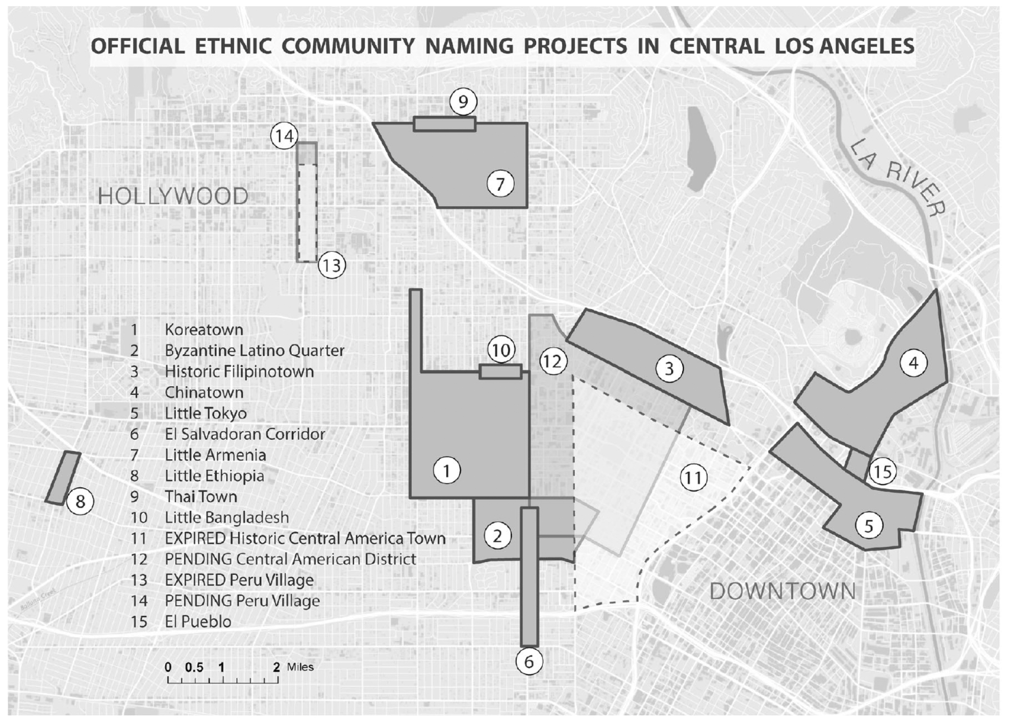 Figure 1: Community naming and ethnic signage projects in central Los Angeles.