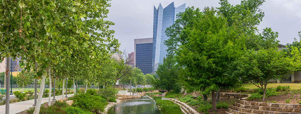Urban river park with trees and city skyline