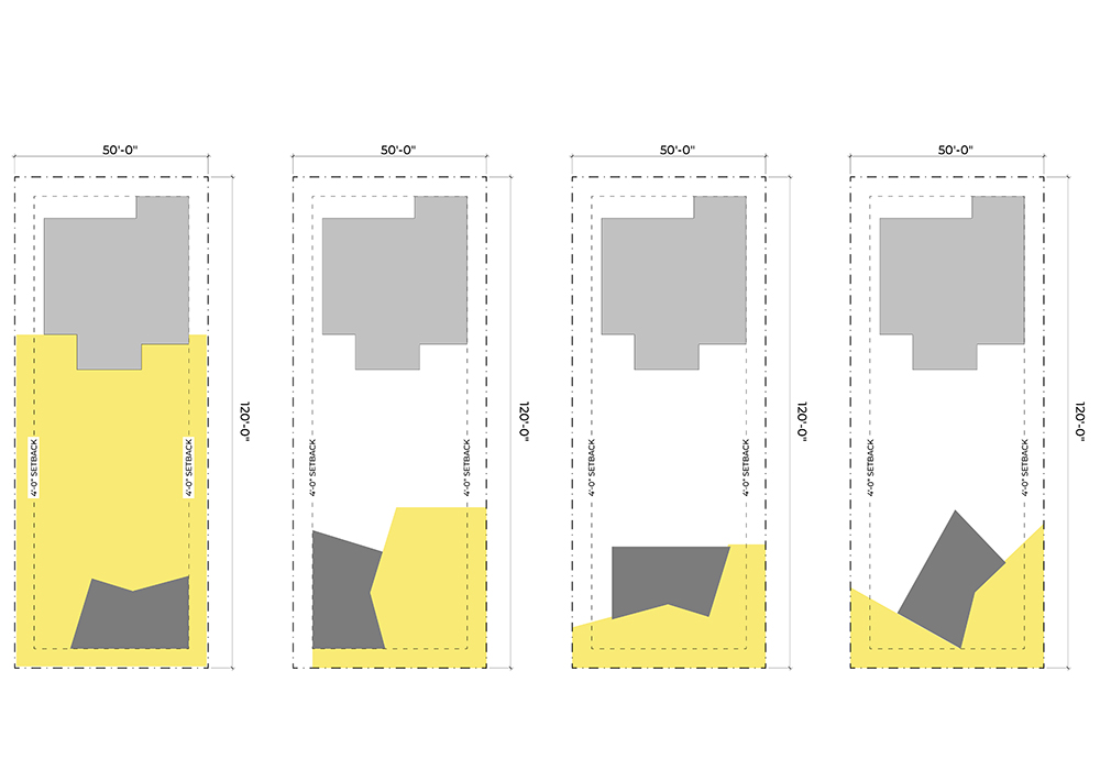Four plot plans of 50' by 120' lots, each with a detached primary residence at the front setback and a different rotation of the same concave-pentagon-shaped detached accessory dwelling unit at the rear setback.