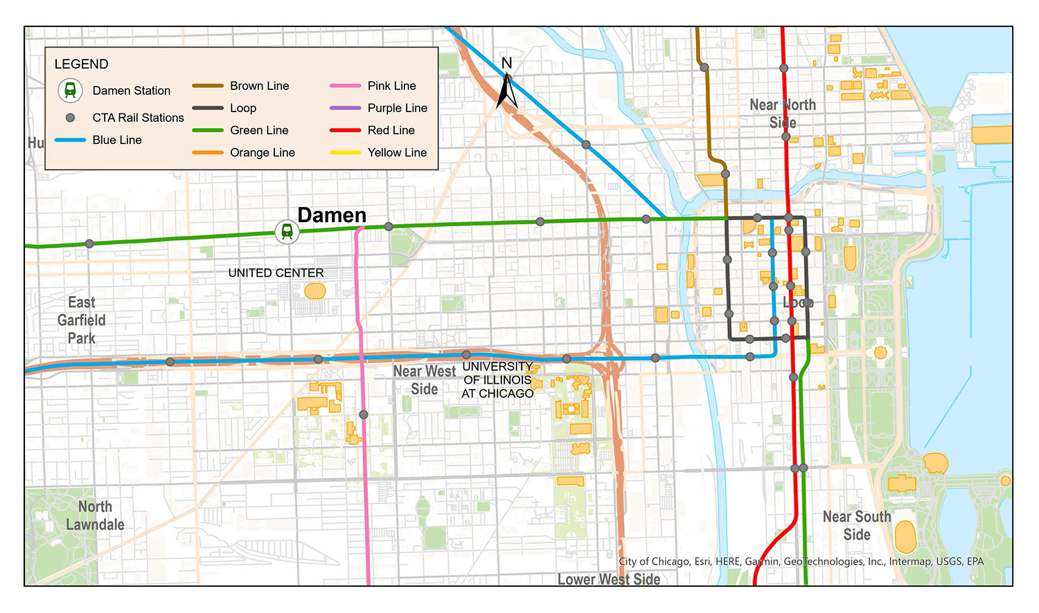 Map showing the location of the Green Line station at Damen Avenue and Lake Street in Chicago. Courtesy of Alexandra Rosander/Chicago Transit Agency.