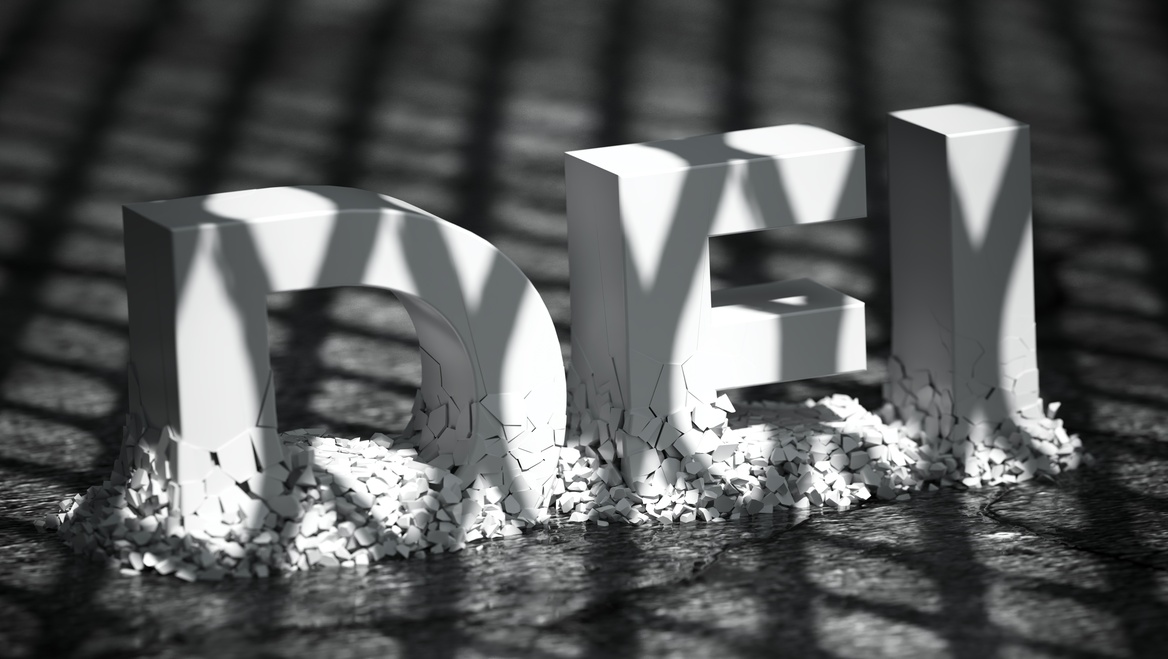 A rendering of the letters "D E I" being crushed into the ground.