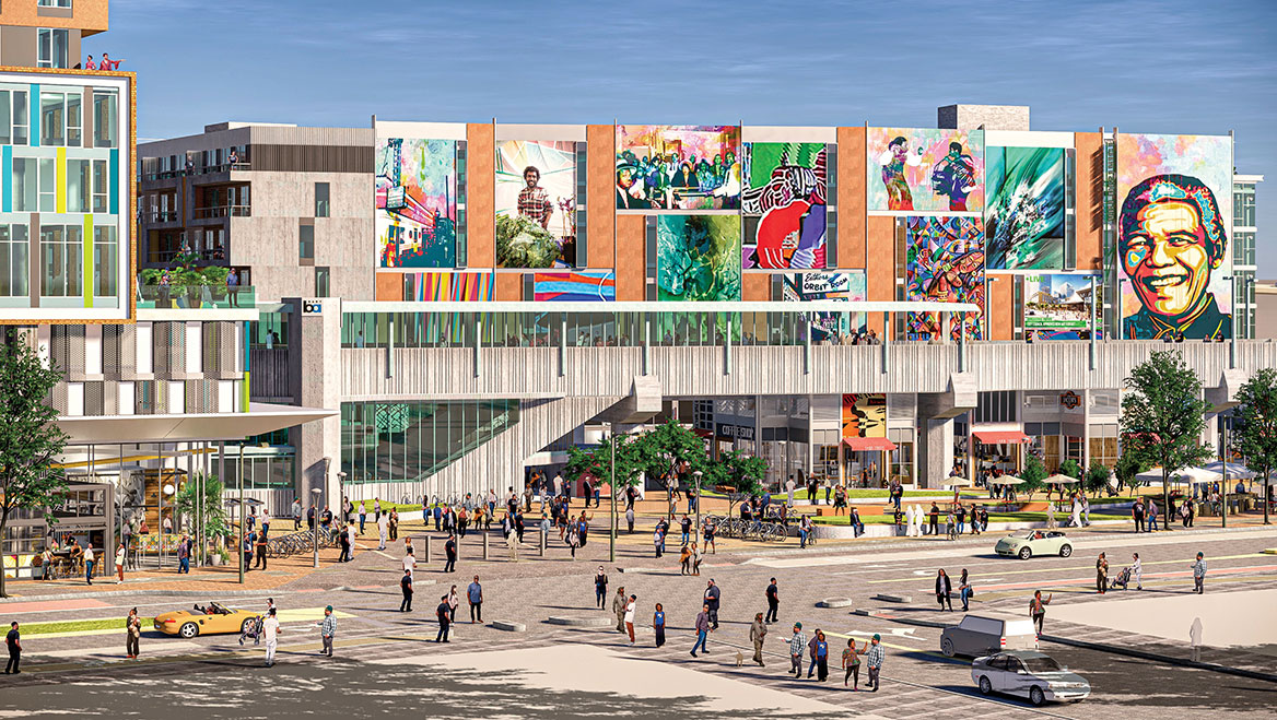 Mandela Station, a proposed mixed-use development in West Oakland, is a test case for integrating the goals of the LEEP Initiative, including transit-oriented development. The project integrates housing, commercial uses, and a Bay Area Rapid Transit station. Rendering courtesy of JRDV Urban International.