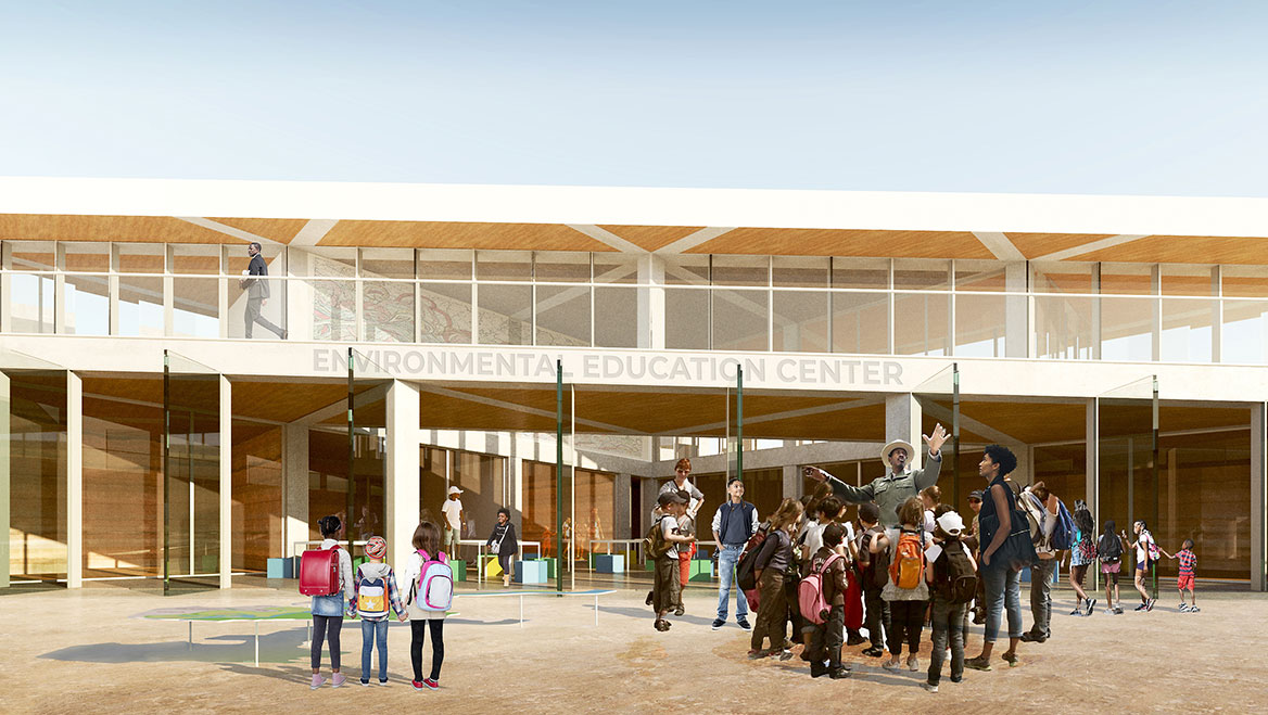 The elevated 11th Street Bridge park’s Environmental Education Center Plaza. Rendering courtesy of OMA.