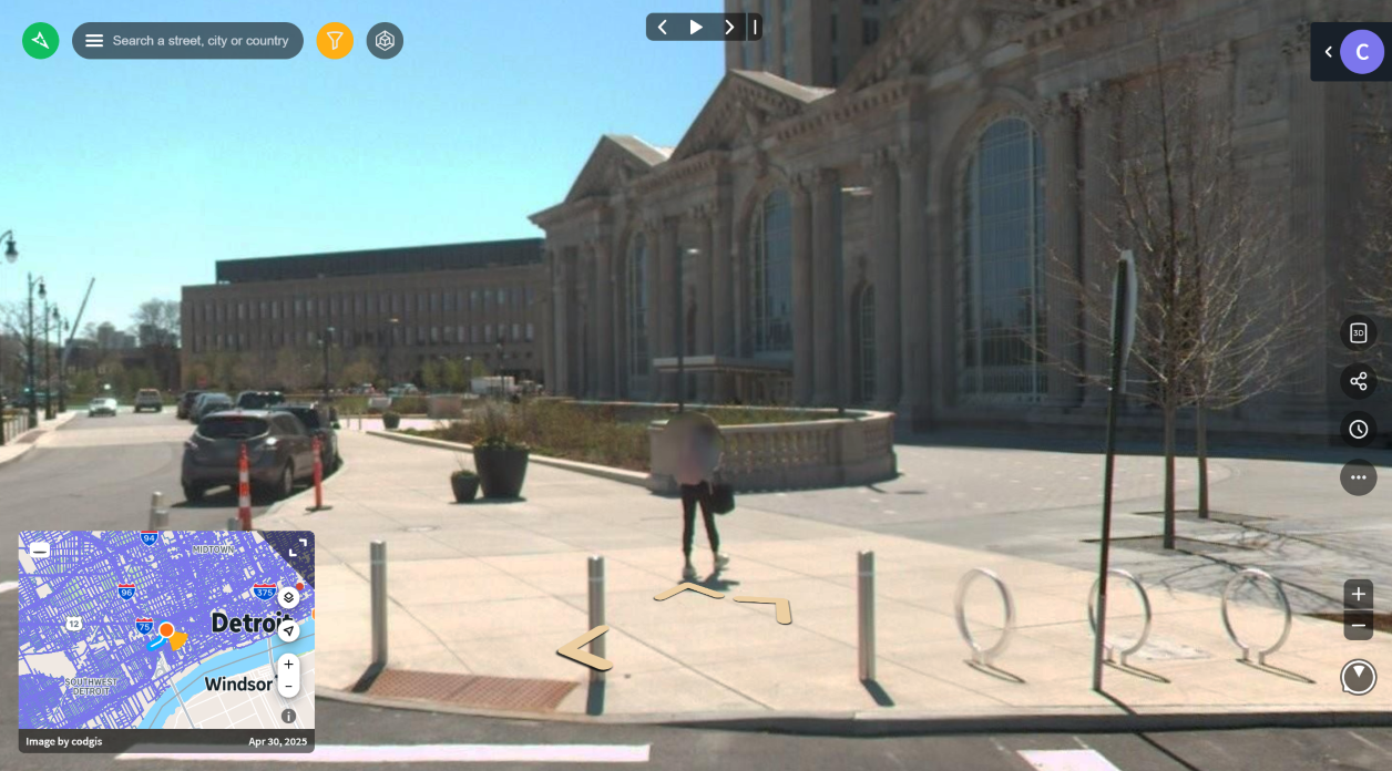 A screenshot from Detroit Street View shows Michigan Central Station after its restoration was completed. The Station, previously abandoned, was given a new life as part of a 30-acre redevelopment project in the Corktown neighborhood. Image courtesy of DSV.