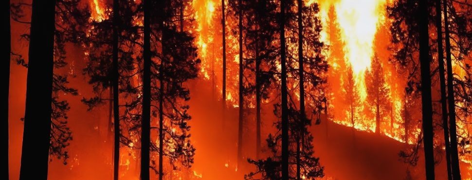 A wildfire burning amidst blackened trees