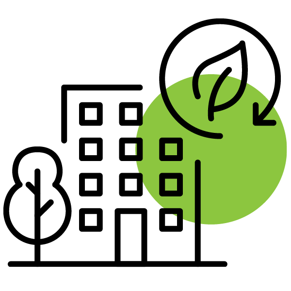 Environmental Reviews (21st Century ROAD to Housing Act) A spotlight on a mid-rise residential building and a tree with a leaf encircled by an arrow.