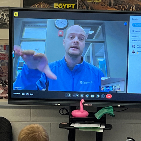 Greg Huss, a planner in Bloomington, Illinois, spoke on a video call to Todd Johnson's seventh-grade geography class. Photos courtesy of Todd Johnson.